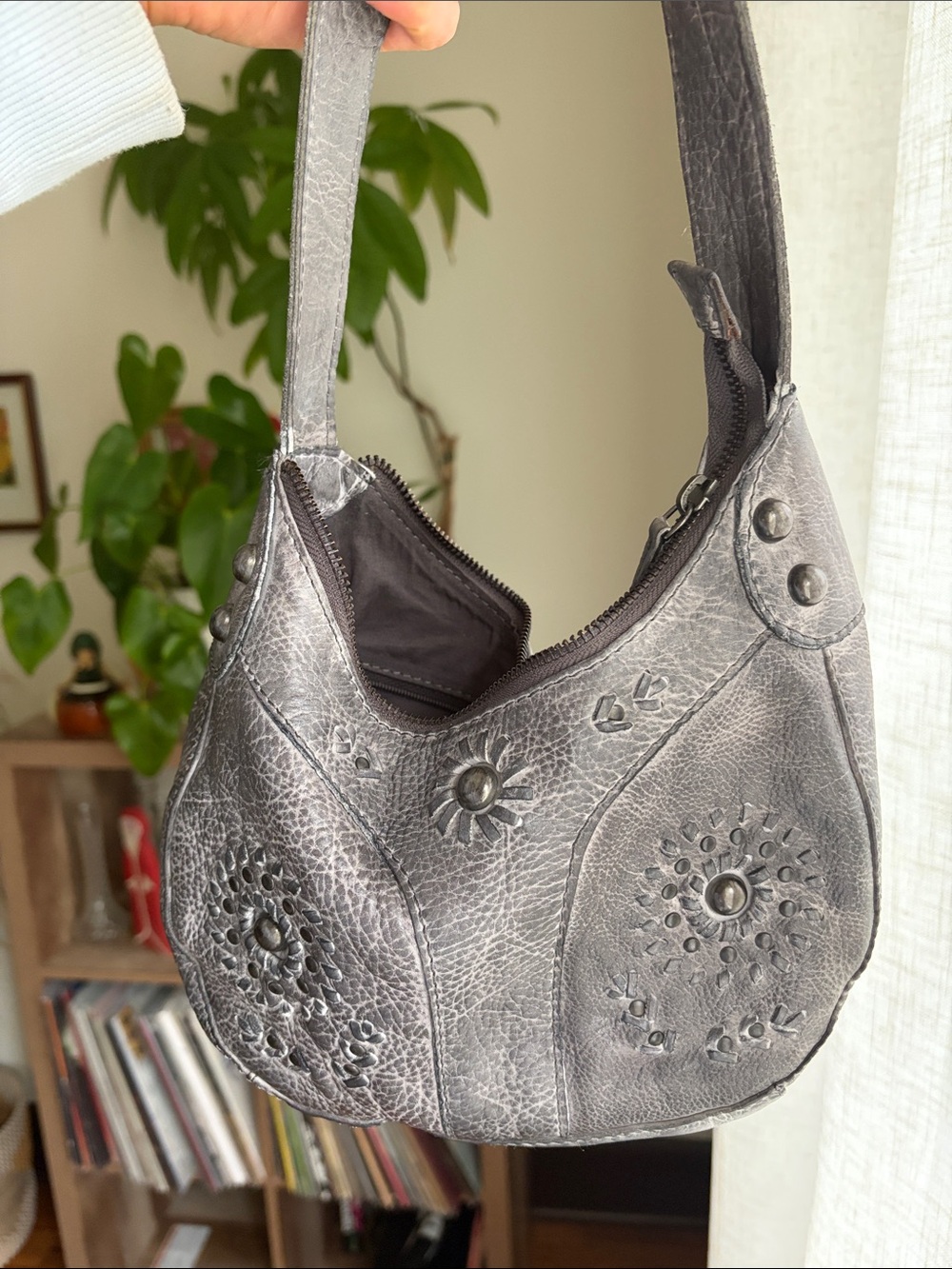 silence + noise Distressed Gray Embossed Leather Shoulder Bag